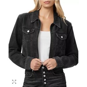Paige Women Black Cropped Denim Jacket Zip Front Lyocell Cotton Blend Size S